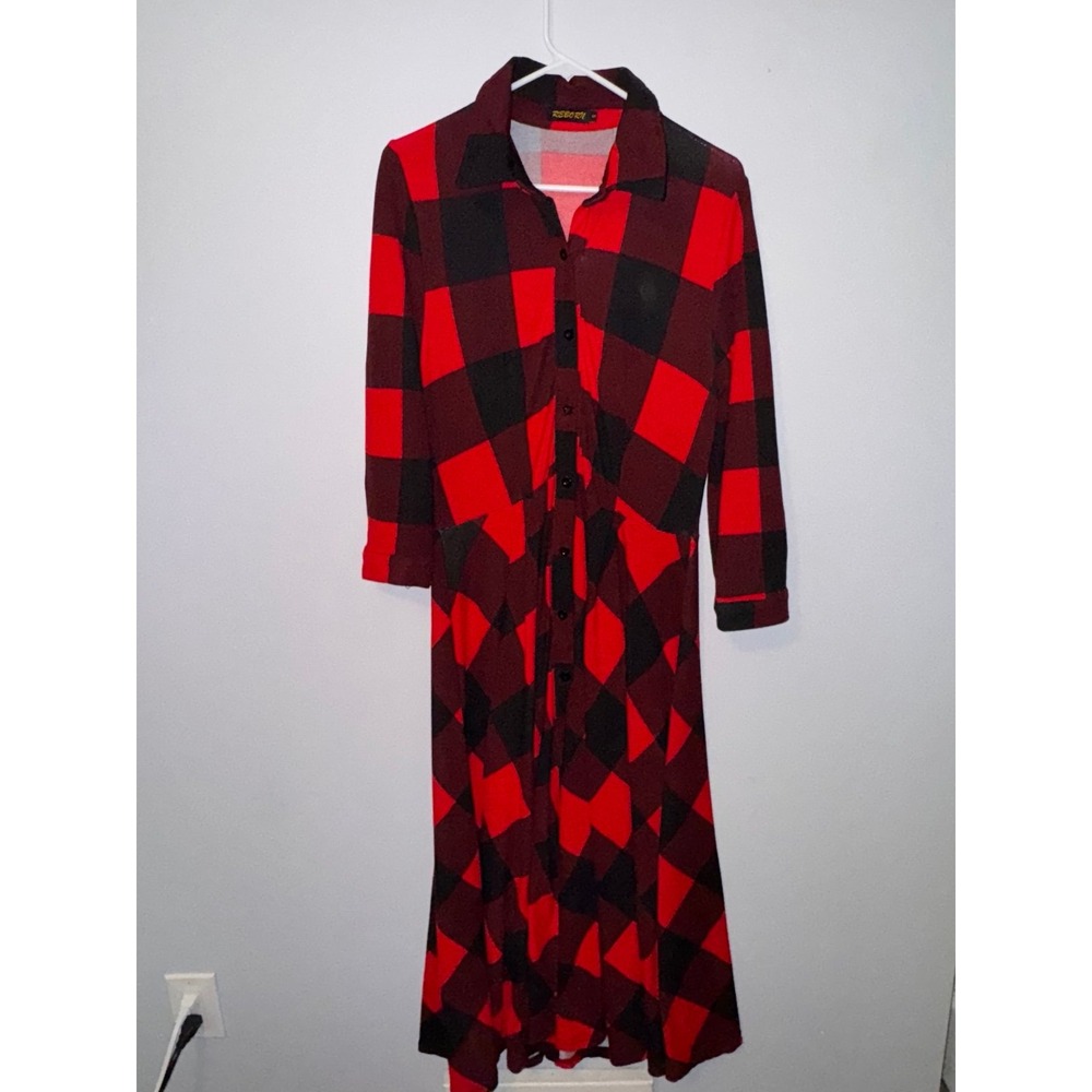 Reborn Women's Black & Red‎ Plaid Duster Maxi Dress